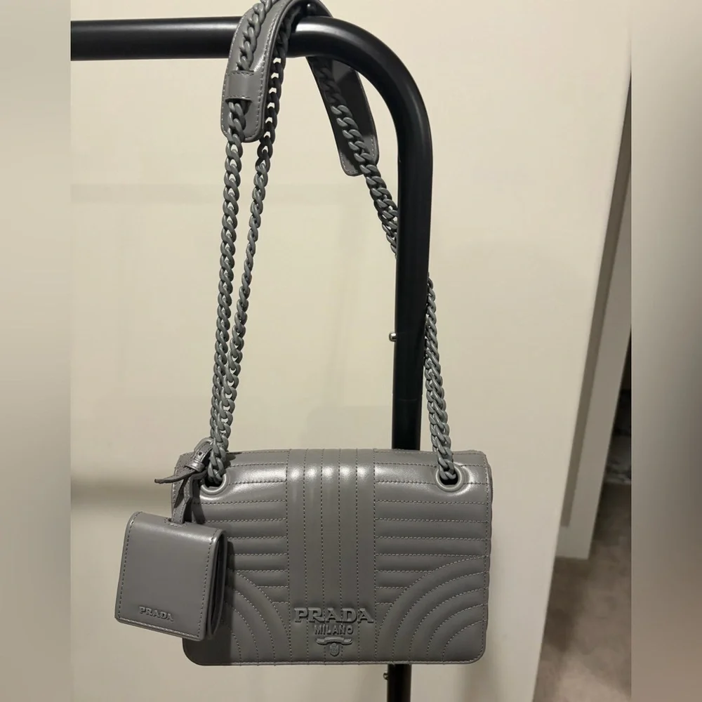 Prada Diagramme Grey Leather Bag w/ Chain Strap - Picture 2 of 13